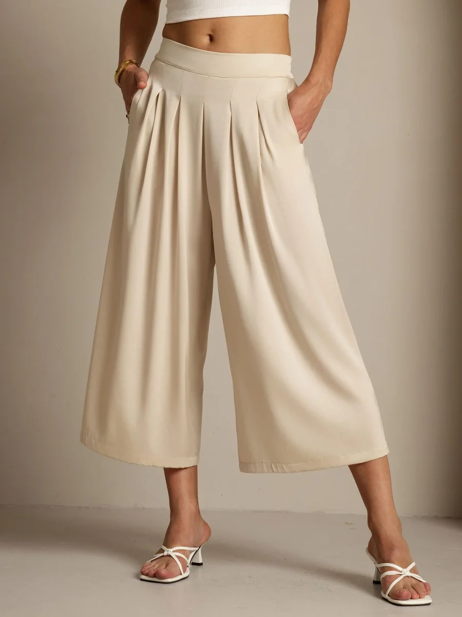 Pantalón Capri Mujer Seda 19Momme Cintura Alta Plisado Pierna Ancha - Imagen 9