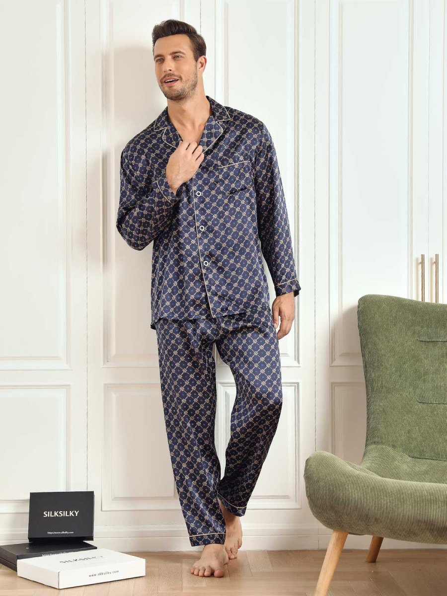 Conjunto De Pijama De Hombre De Seda Pura Con Estampado De Cadena Azul Marino Manga Larga Con Pantalón - Imagen 6