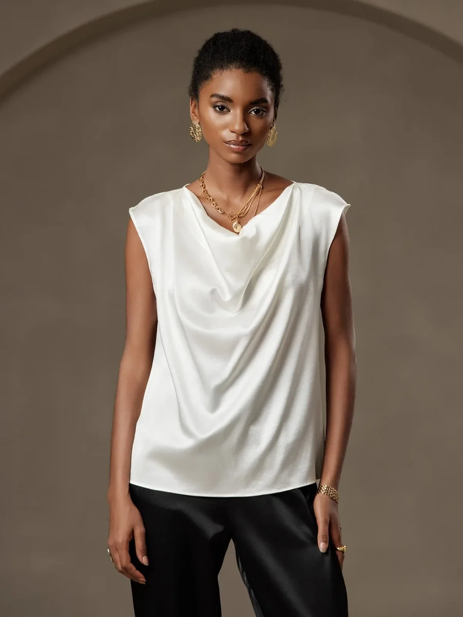 19Momme Seda Capa Manga Cuello Cowl Camiseta sin mangas/Blusa - Imagen 7
