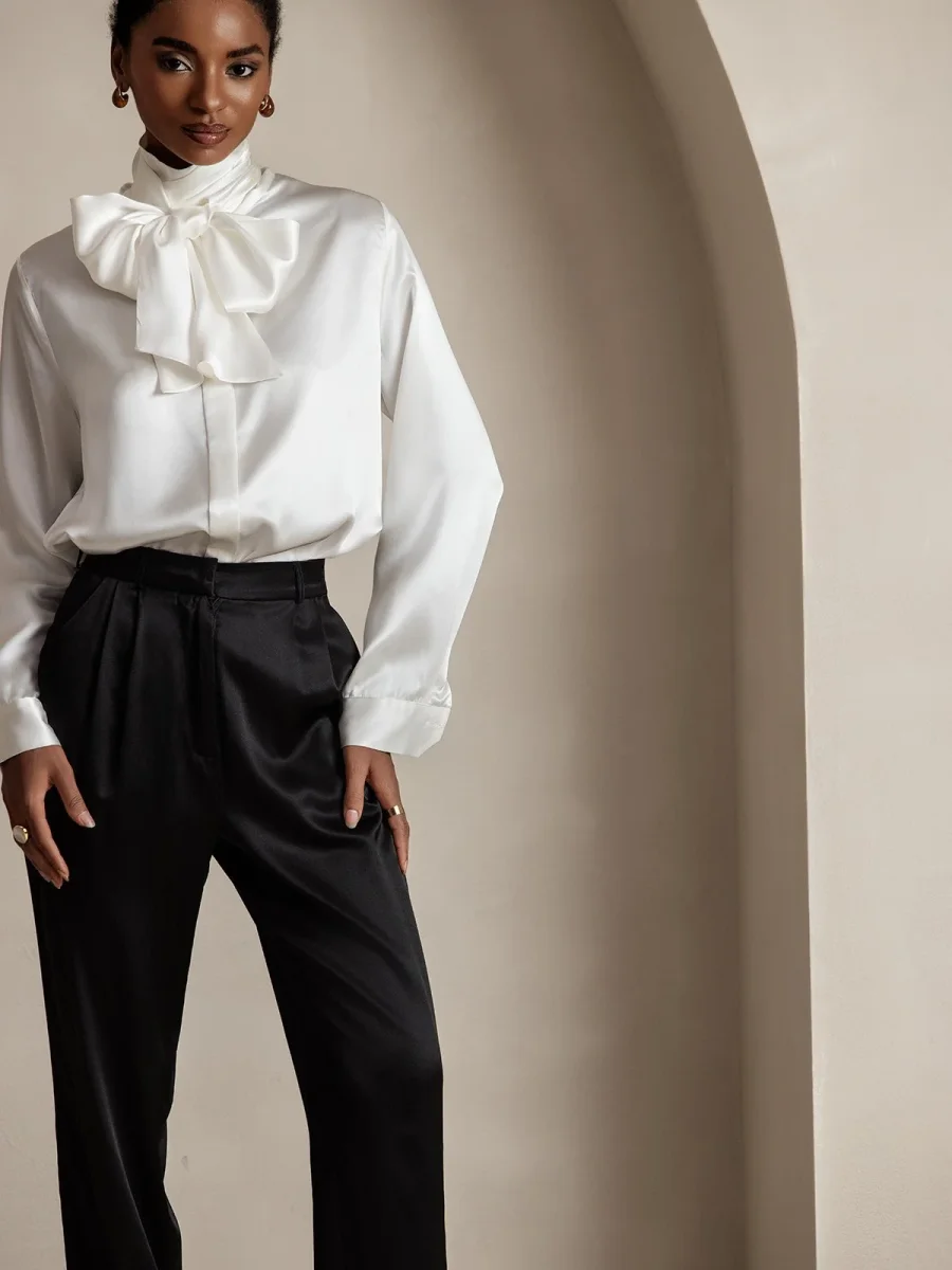 19Momme Pantalones de traje de seda clásicos atemporales rectos - Imagen 4