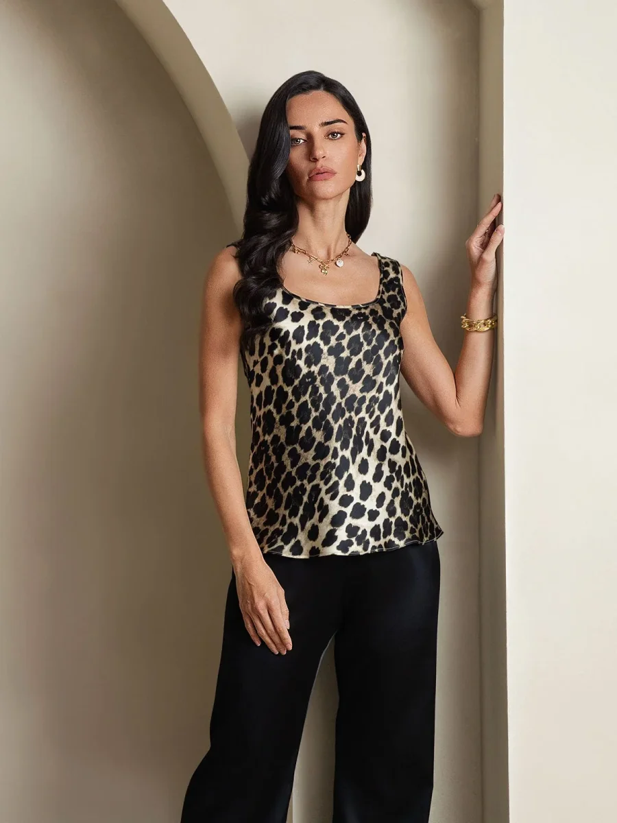 Top De Seda Para Mujer 19Momme Sin Mangas Con Cuello En U Y Estampado De Leopardo - Imagen 6