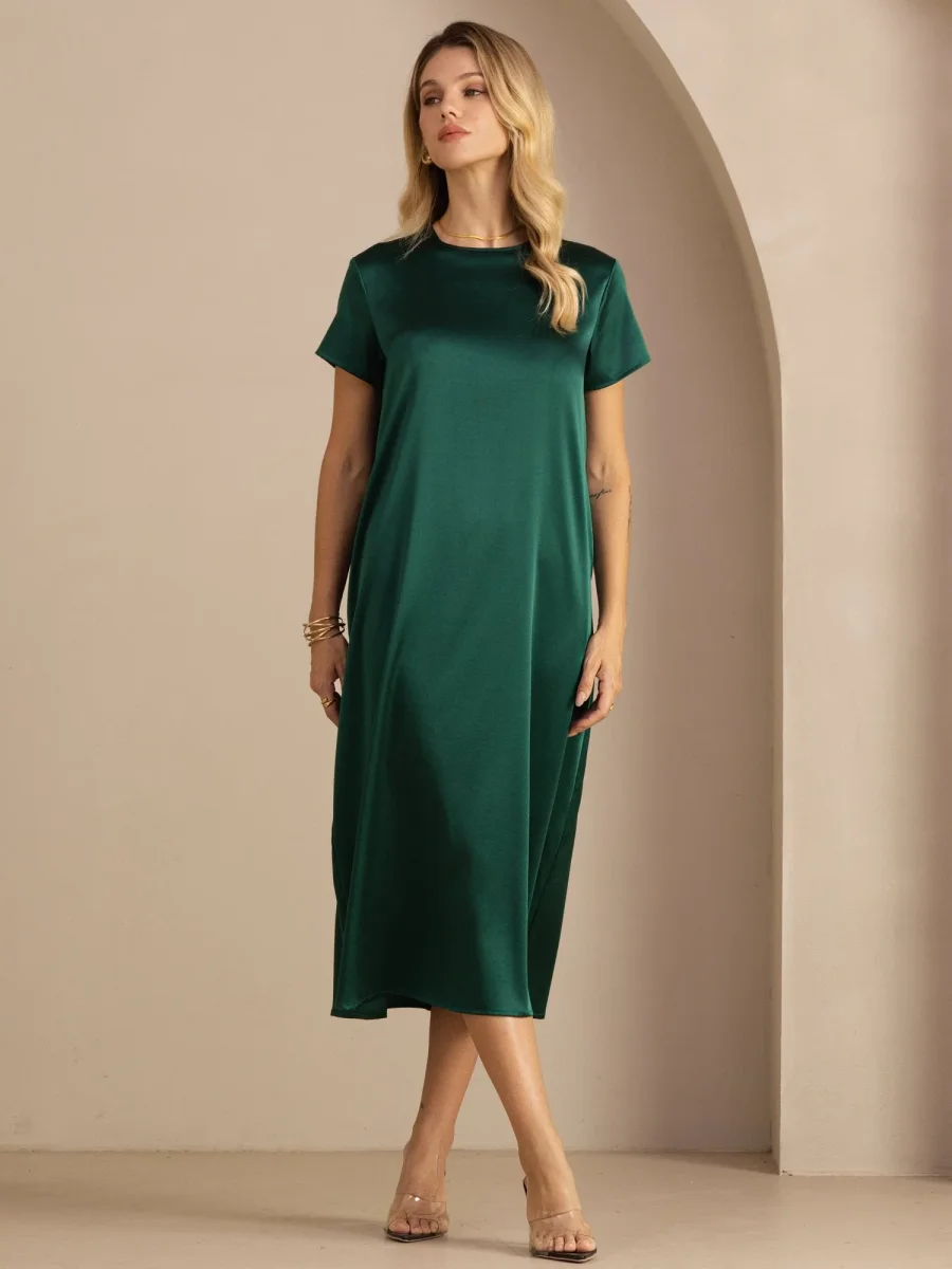 Vestido Midi de Seda de 19 Momme con Cuello Redondo Manga Corta y Bolsillos Laterales - Imagen 8