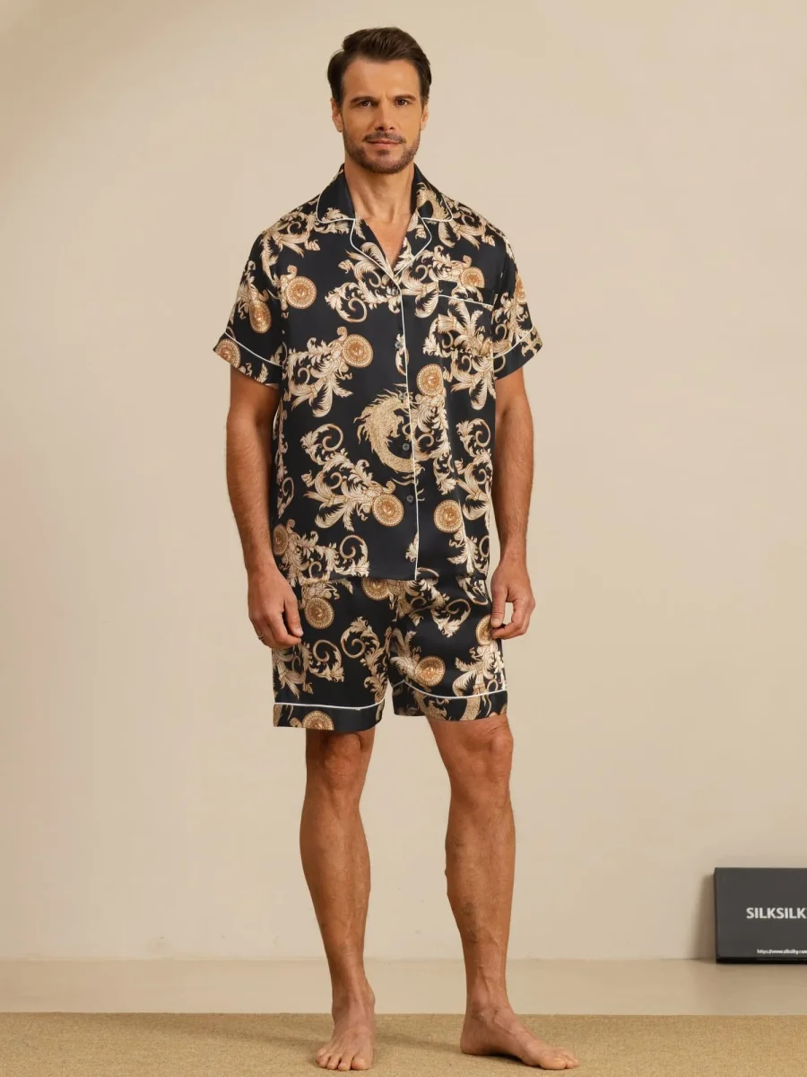 Pure Seda Hombre Estampado Dragón Manga Corta Cuello Notch Conjunto Pijama - Imagen 4