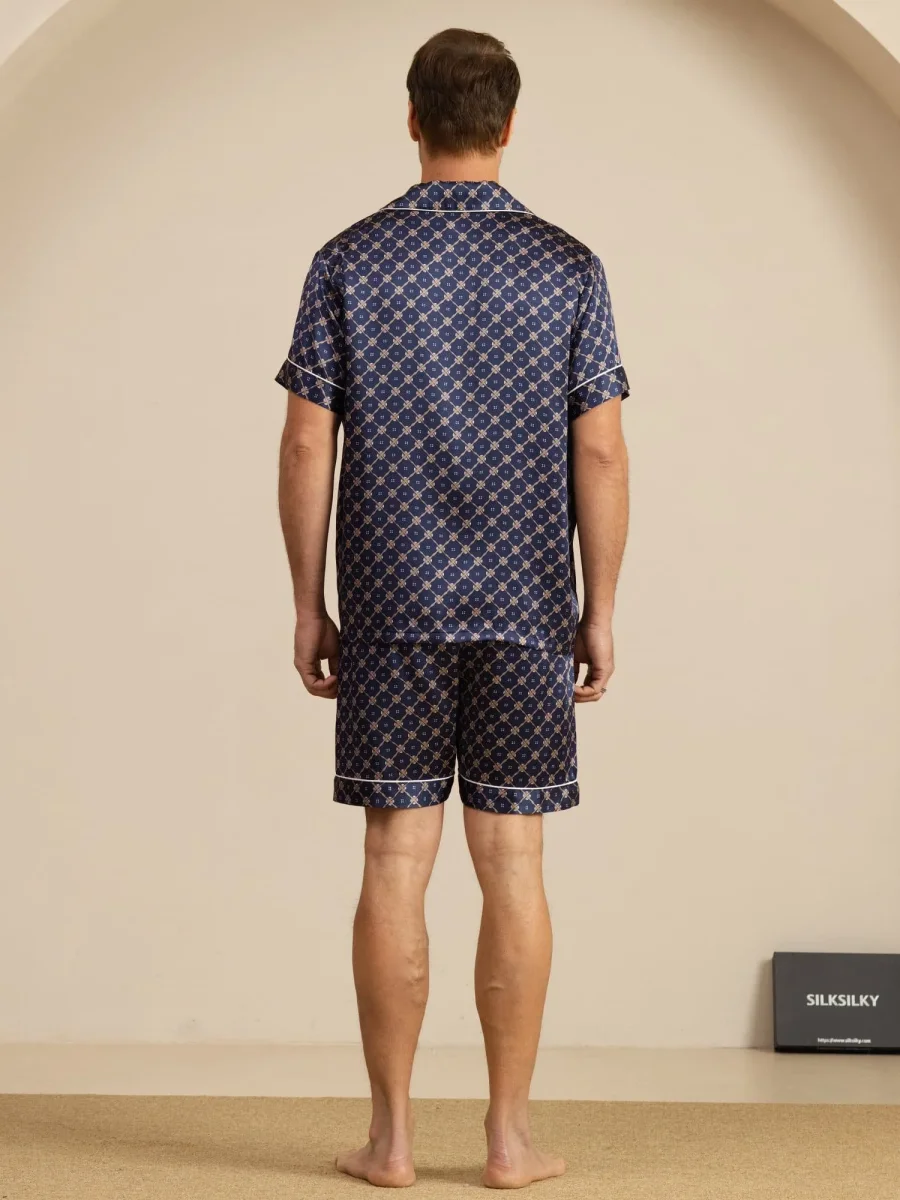 Conjunto Pijama Hombre De Seda Manga Corta Cuello Con Muesca Estampado Cadena Con Shorts - Imagen 3