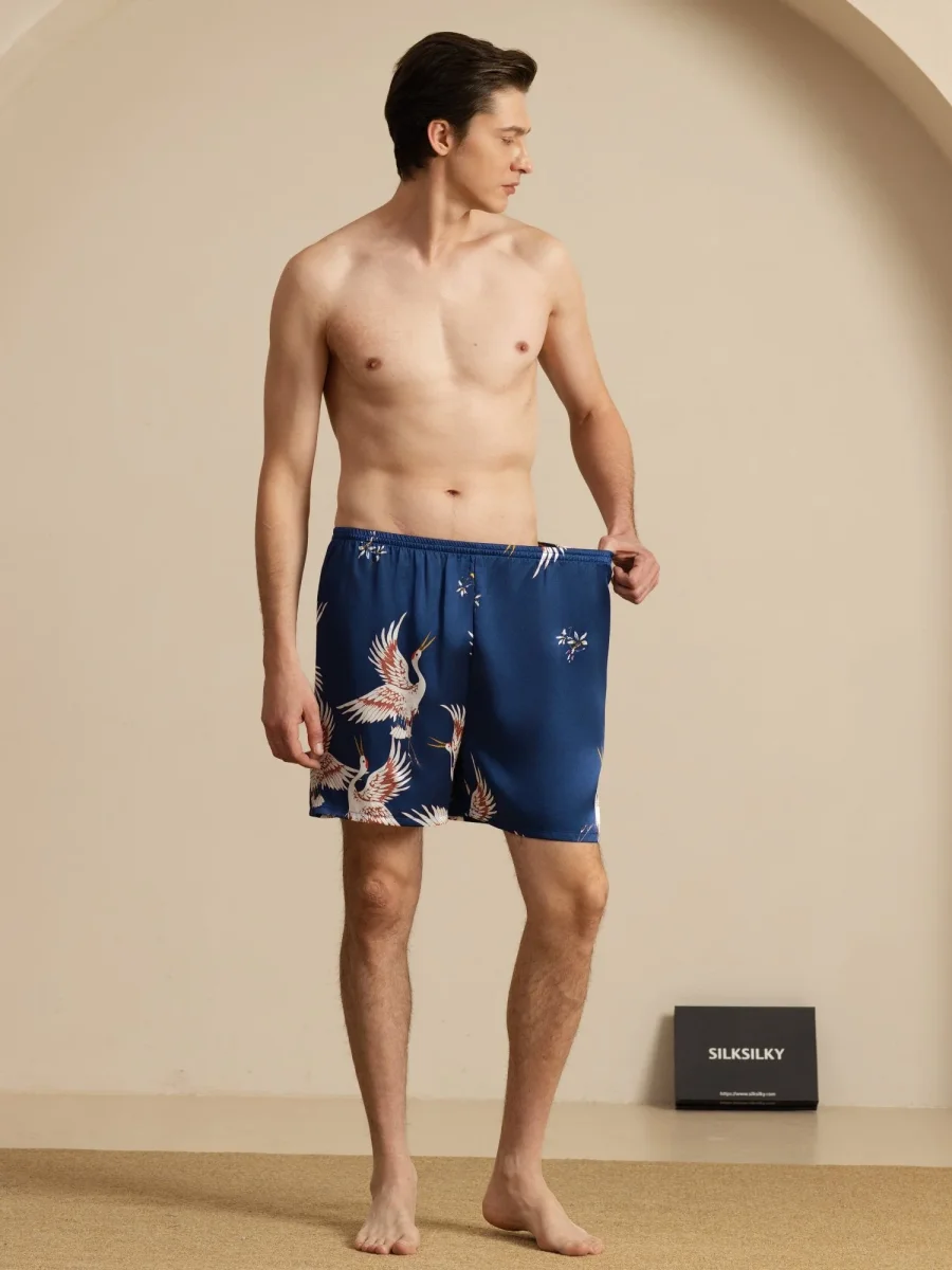 19Momme Seda Pura Pantalones Cortos de Sueño Hombre Estampado Grúa Cintura Elástica - Imagen 8