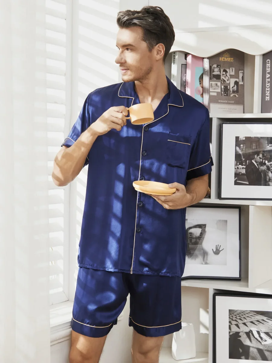Pijama De Hombre De Pura Seda Con Mangas Cortas Cuello Solapa Y Shorts - Imagen 2