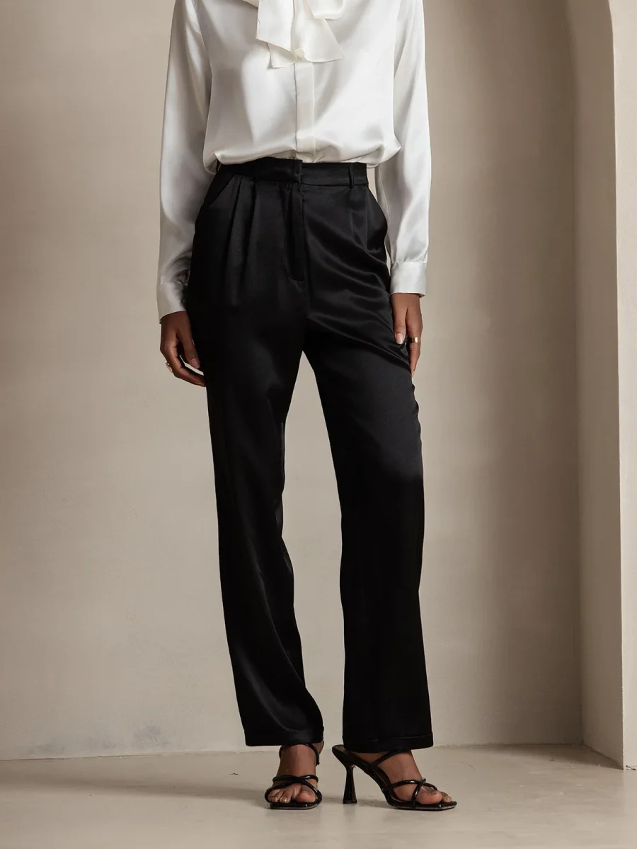 19Momme Pantalones de traje de seda clásicos atemporales rectos