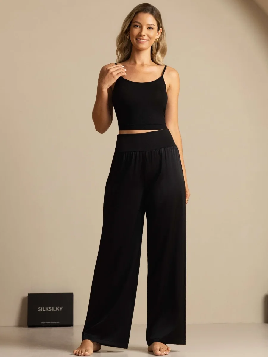 Pantalones de pierna ancha de talle alto para mujer en seda 19Momme con cinturilla elástica ancha - Imagen 7