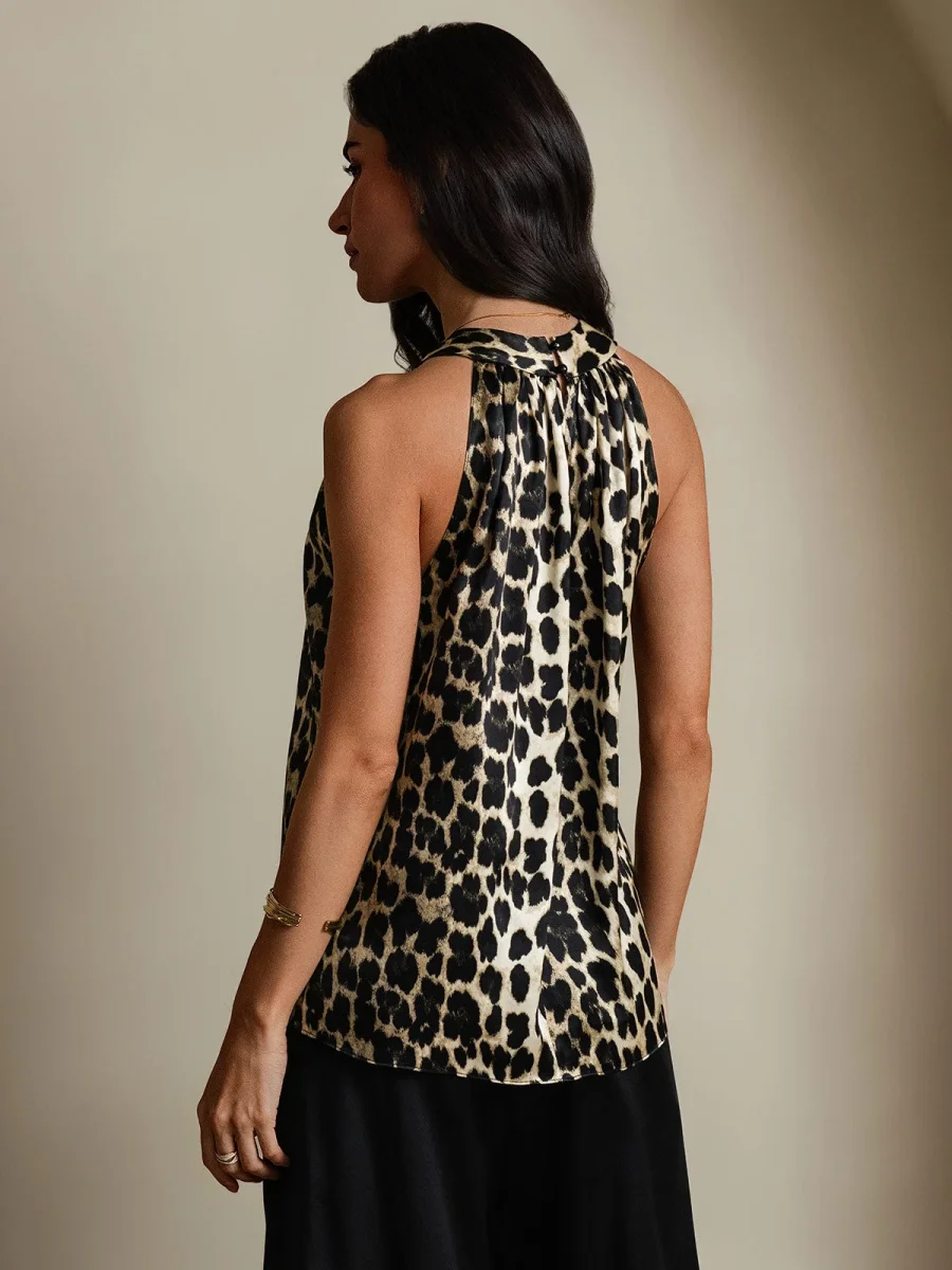 Top De Mujer De Seda 19Momme Sin Mangas Con Cuello Halter Y Estampado De Leopardo - Imagen 3