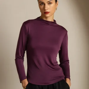 Top De Cuello Simulado De Manga Larga De Seda Pura Para Mujer