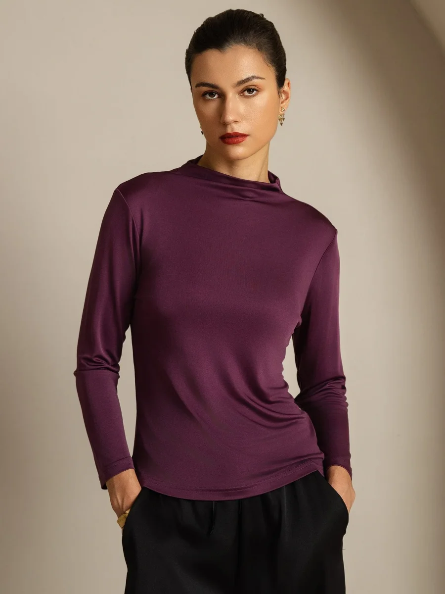 Top De Cuello Simulado De Manga Larga De Seda Pura Para Mujer - Imagen 2
