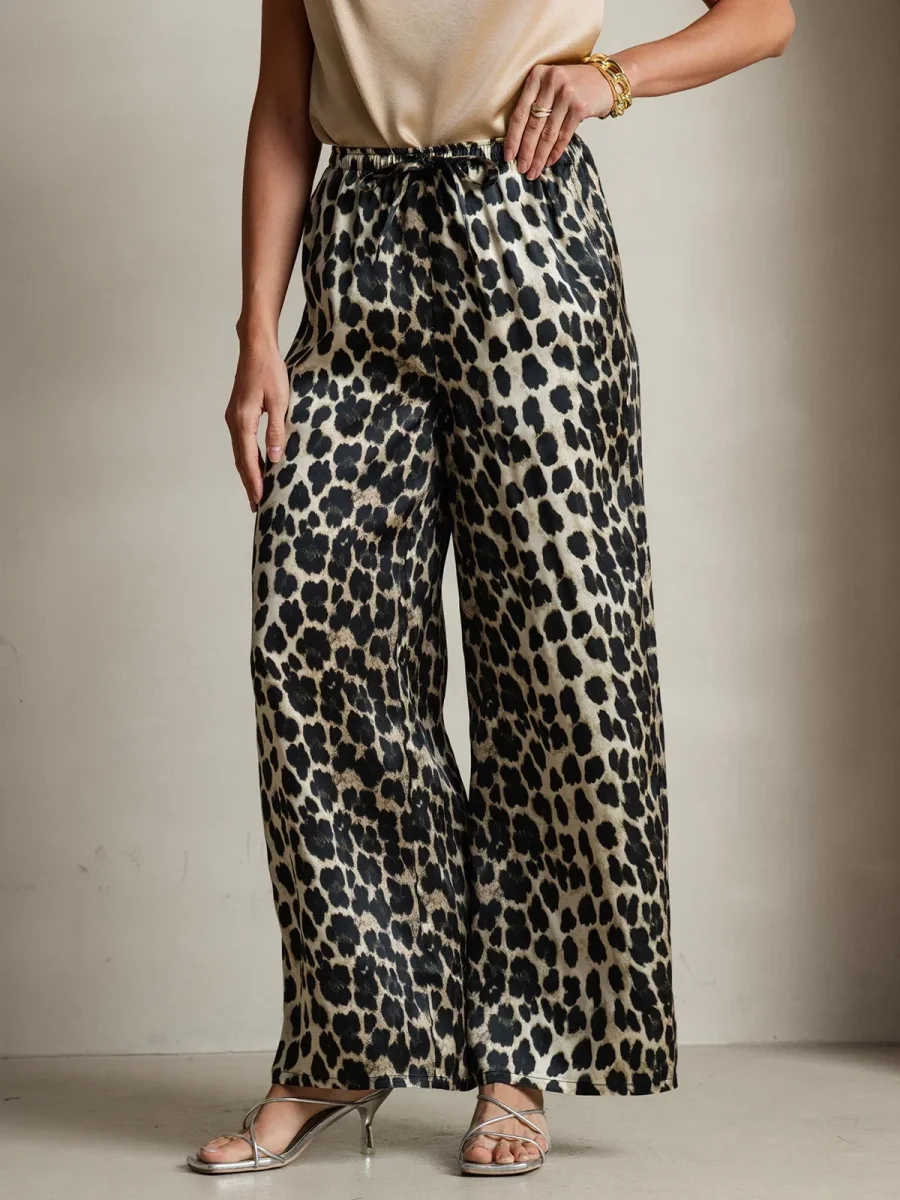 Pantalones De Pierna Ancha De Pura Seda Con Estampado De Leopardo Para Mujer - Imagen 5
