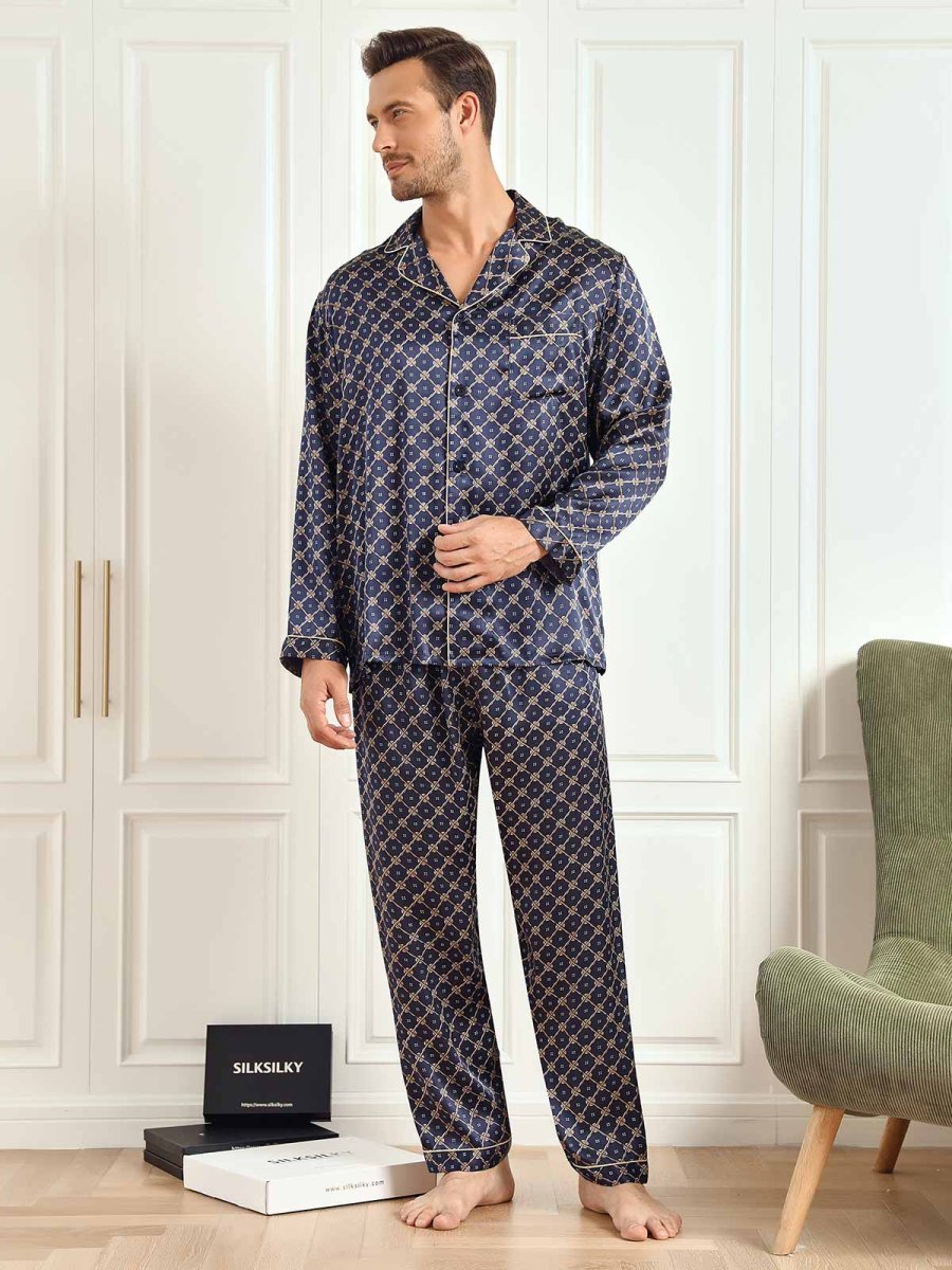 Conjunto De Pijama De Hombre De Seda Pura Con Estampado De Cadena Azul Marino Manga Larga Con Pantalón - Imagen 7