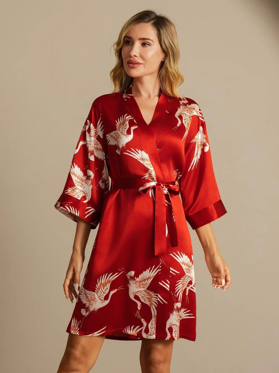 19Momme Seda Pura Kimono Bata Envolvente Con Cinturón para Mujer Estampado de Grulla - Imagen 8