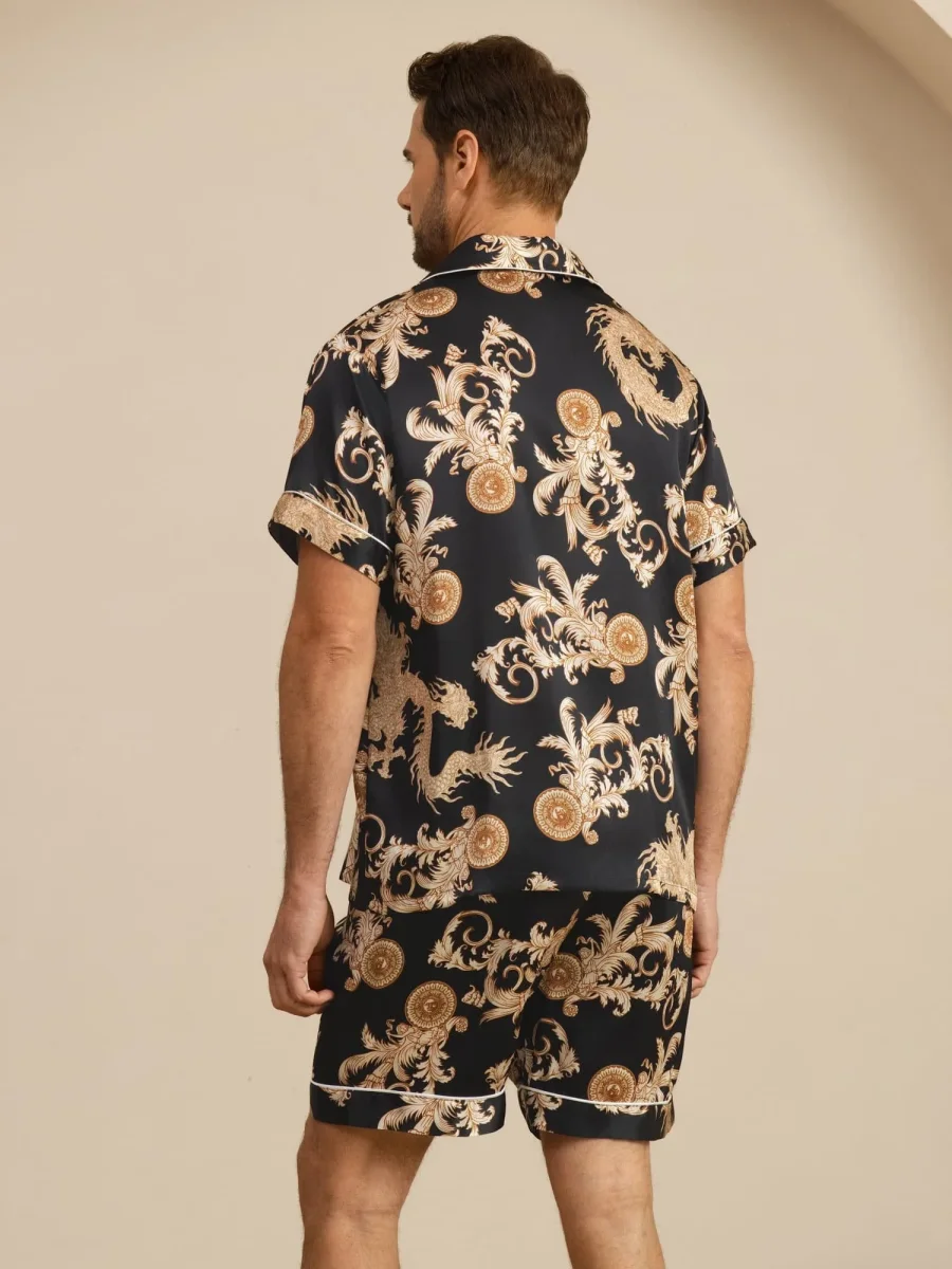 Pure Seda Hombre Estampado Dragón Manga Corta Cuello Notch Conjunto Pijama - Imagen 3