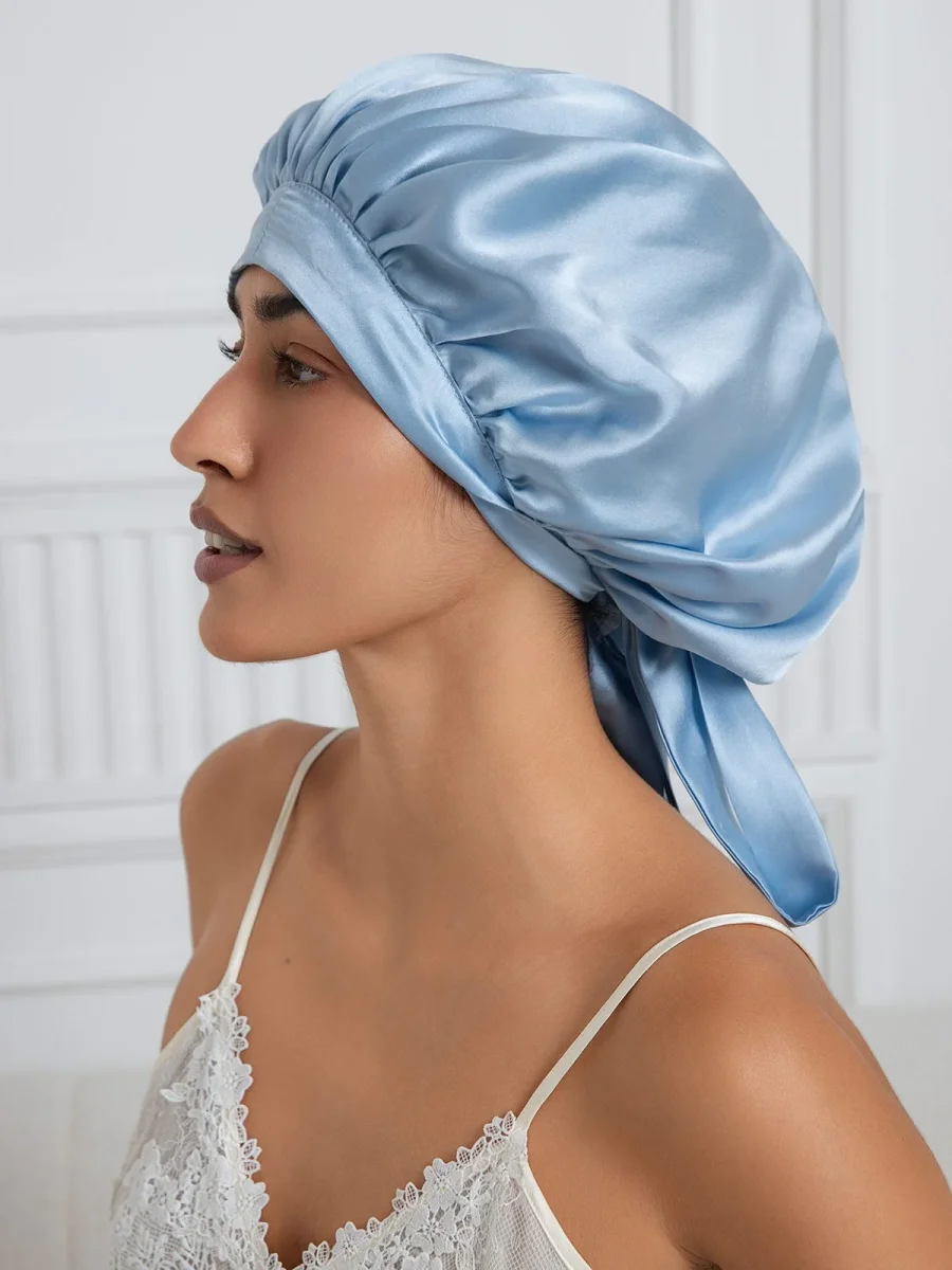Gorro de dormir elegante de seda pura con cintas largas - Imagen 3