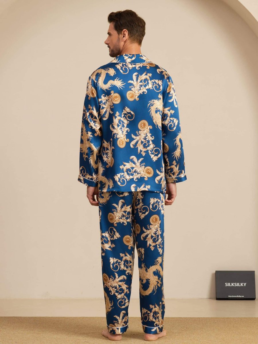 Pure Seda Hombre Estampado Dragón Manga Larga Cuello Notch Conjunto Pijama - Imagen 3