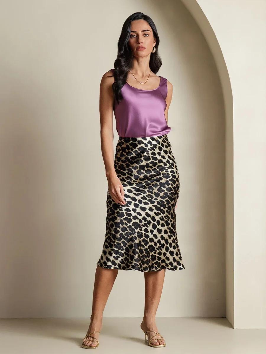 Falda Larga Recta De Seda Pura 19 Momme Con Estampado De Leopardo Elástica