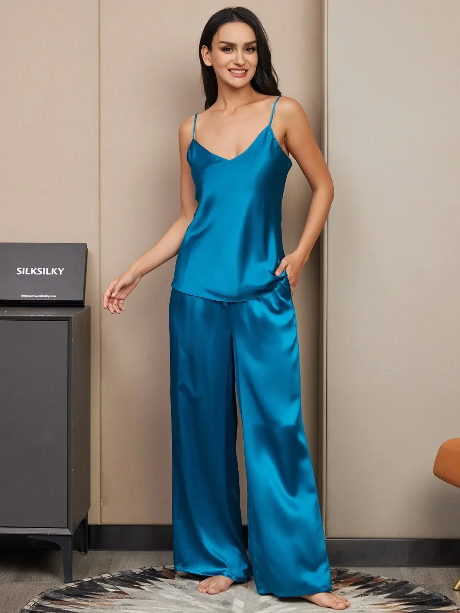 Conjunto de pijama de seda pura con camiseta de tirantes y pantalones de pierna ancha - Imagen 5