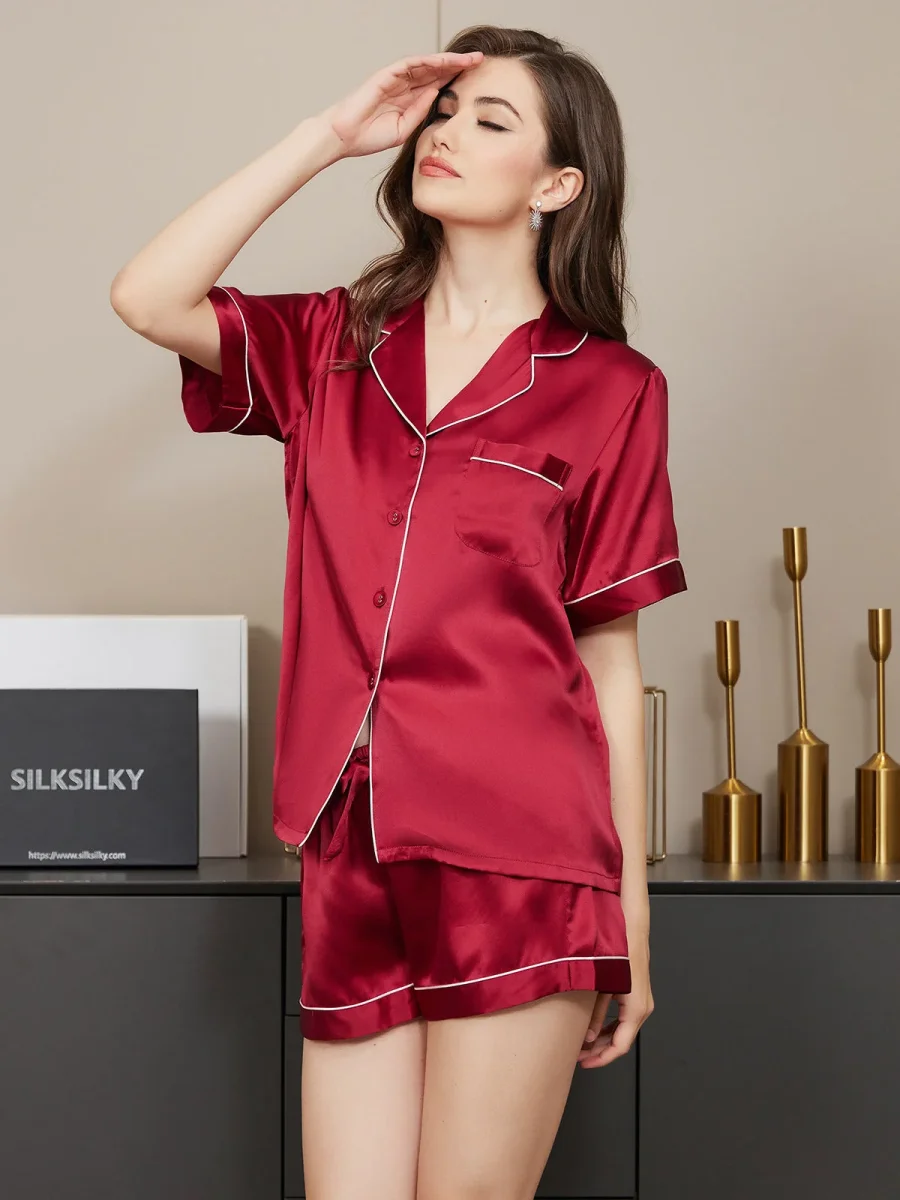 Pijama De Manga Corta De Seda 100% De Morera Para Mujer - Imagen 5