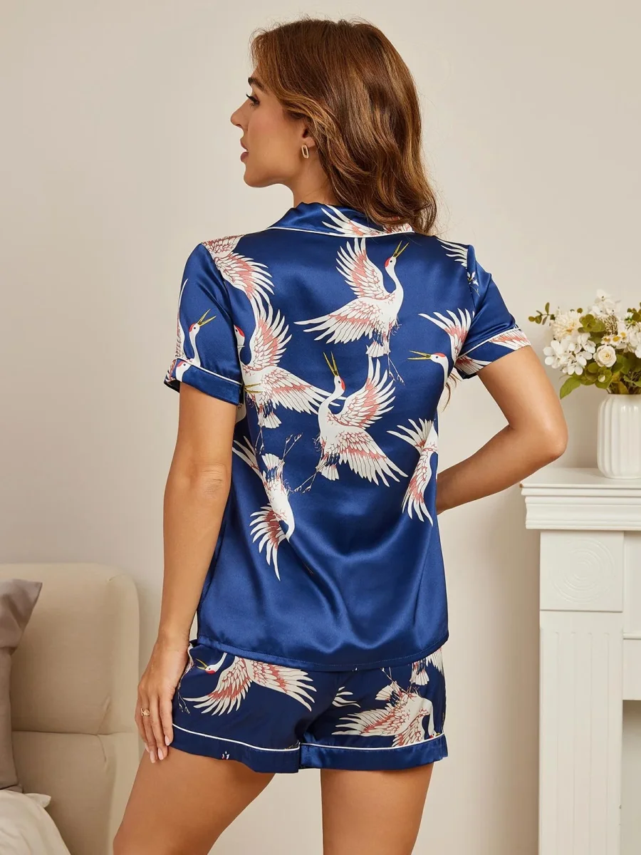 Conjunto De Pijama Para Mujer En Seda Pura 19Momme Manga Corta Cuello Notch Con Estampado De Grulla - Imagen 3