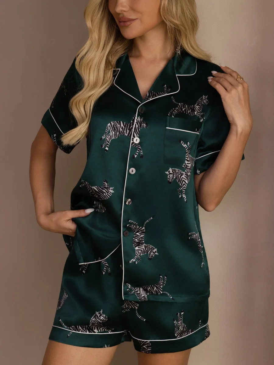 Conjunto De Pijama De Botones De Manga Corta Con Estampado De Cebra De Seda De Morera 100% Para Mujer - Imagen 6