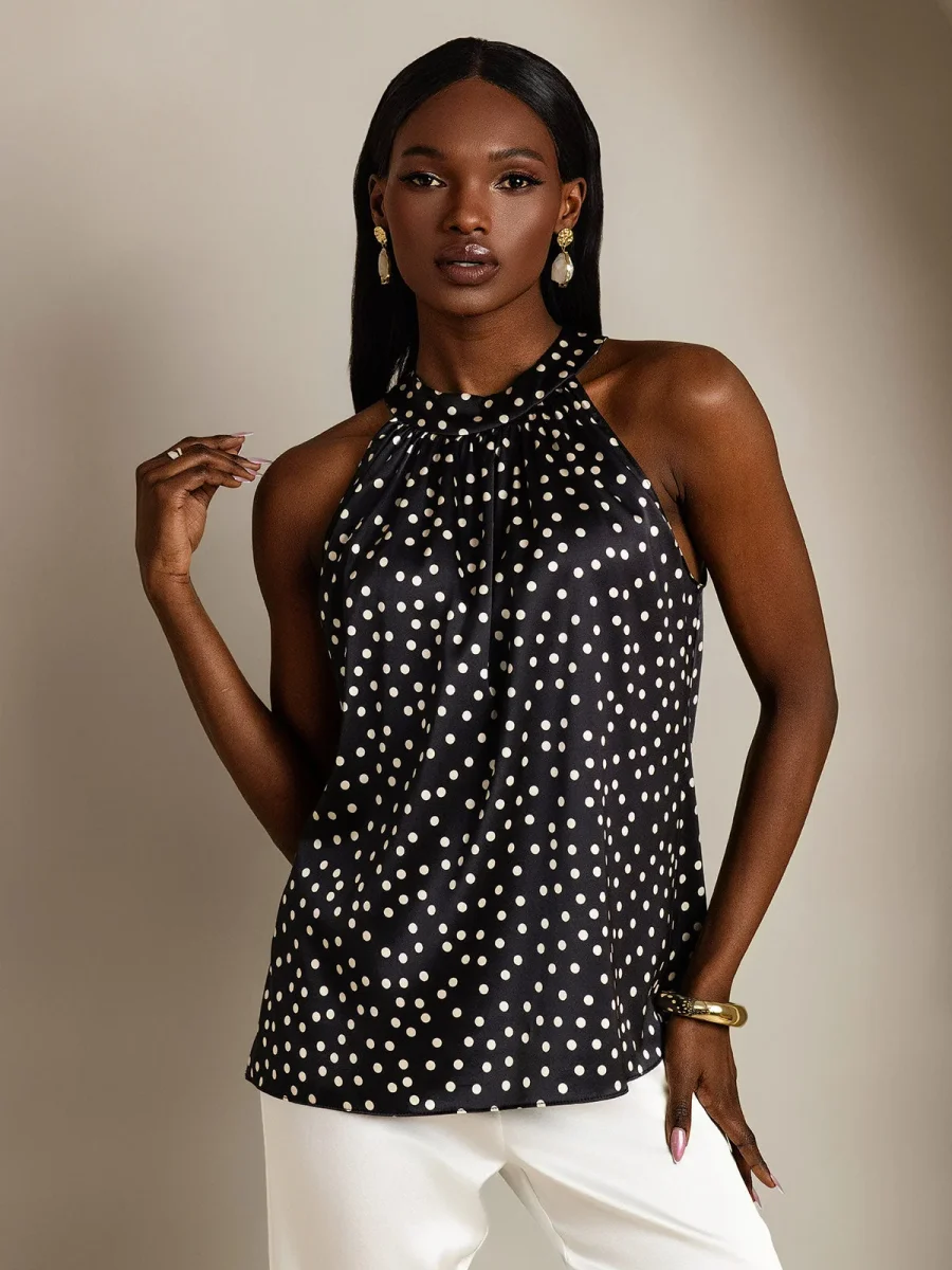 Top De Mujer De Seda 19Momme Sin Mangas Con Cuello Halter Y Estampado De Lunares