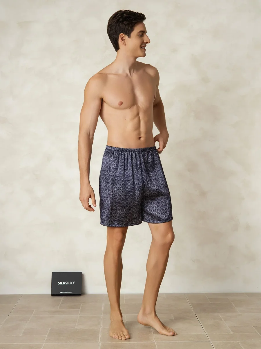 Pantalones Cortos De Dormir Para Hombre Pure Silk Ginkgo Azul Marino Estampado Cintura Elástica - Imagen 6