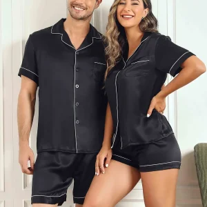 Conjuntos de pijamas cortos de seda pura para parejas Total 4 piezas