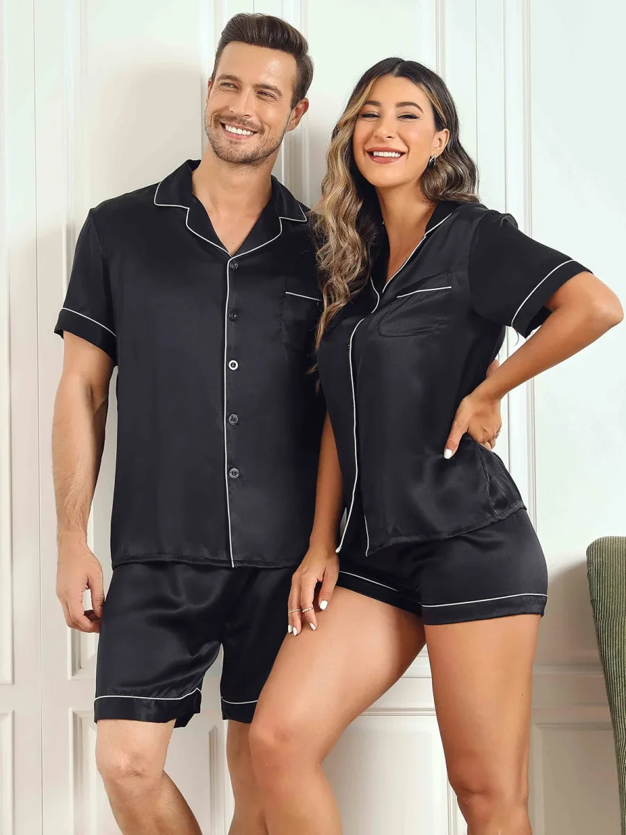 Conjuntos de pijamas cortos de seda pura para parejas Total 4 piezas
