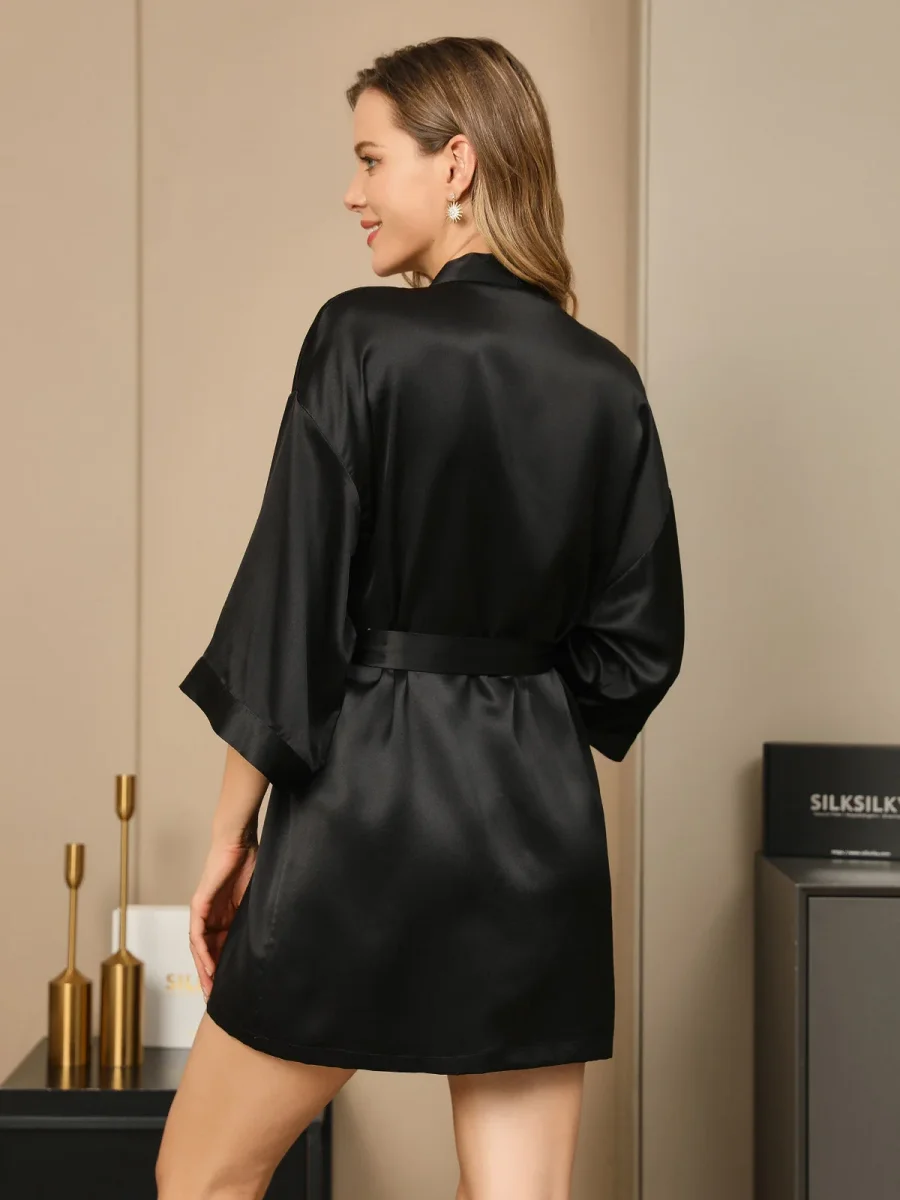 Bata Kimono Corta De Seda Pura Para Mujer Con Diseño Cruzado - Imagen 6