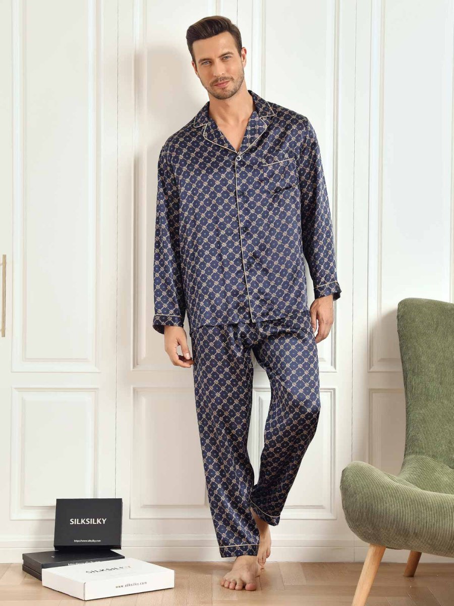 Conjunto De Pijama De Hombre De Seda Pura Con Estampado De Cadena Azul Marino Manga Larga Con Pantalón - Imagen 3