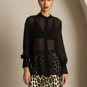 Seda Pura Blusa de Manga Larga Con Corte Transparente