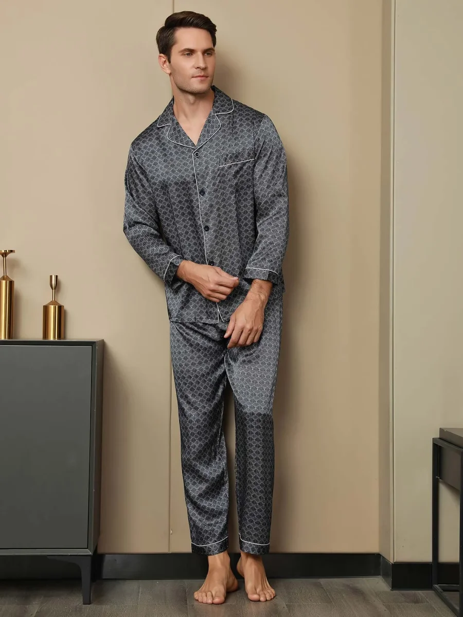 Conjunto De Pijama Para Hombre De Seda Pura Con Estampado De Ginkgo Azul Marino Manga Larga Y Pantalones - Imagen 6