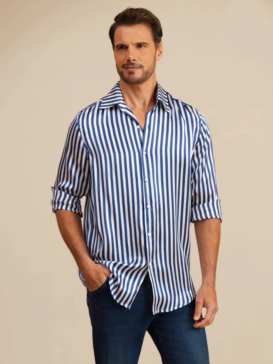 19Momme Seda Hombre Manga Larga Cuello Solapa Estampado Rayas Camisa - Imagen 6