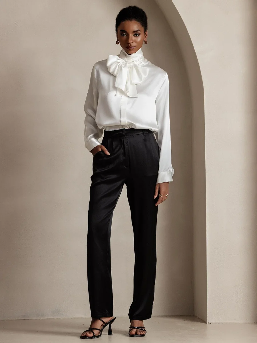 19Momme Pantalones de traje de seda clásicos atemporales rectos - Imagen 8