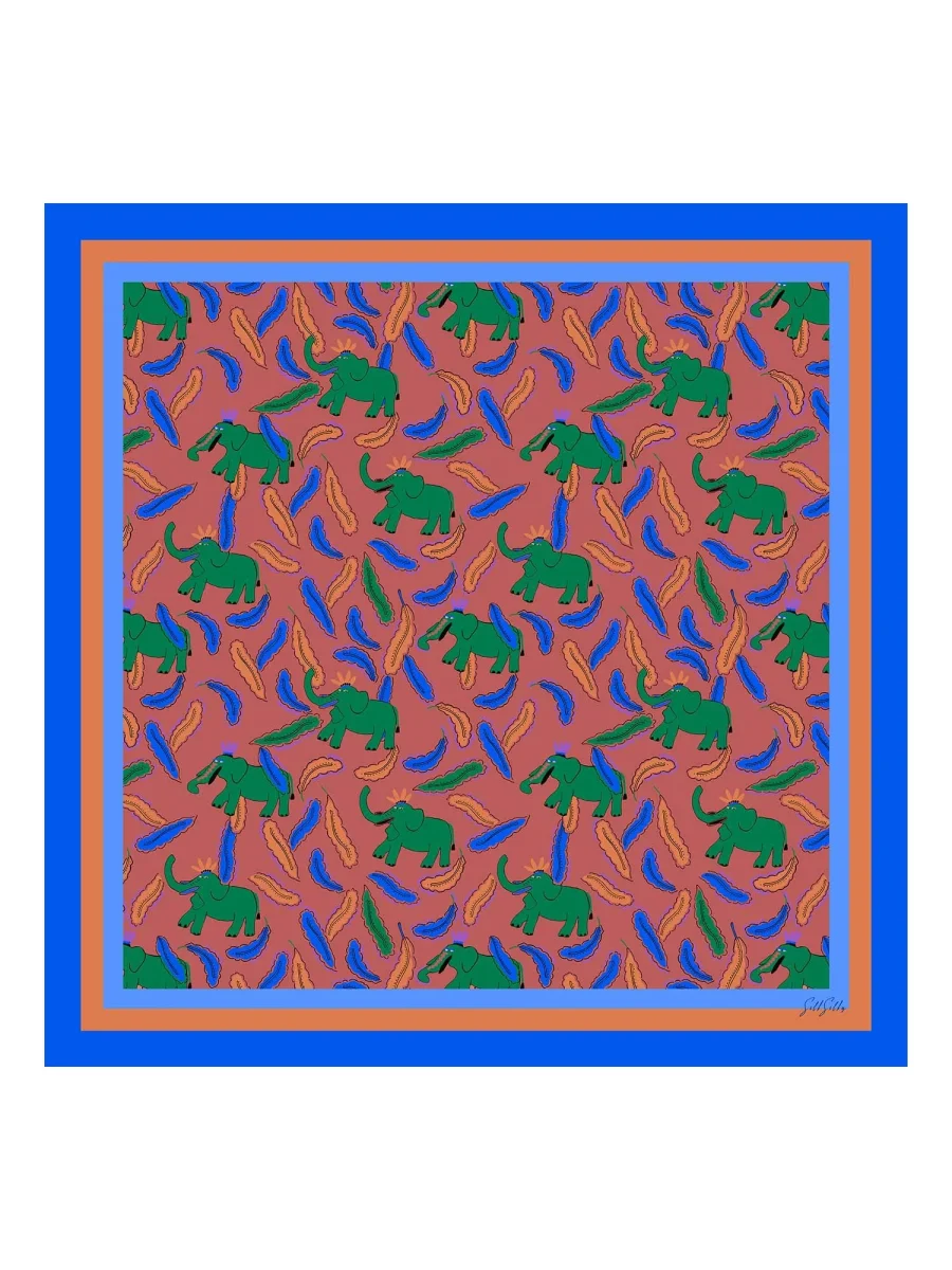 Pañuelo De Seda De Morera 100 Por Ciento Con Estampado De Elefante Tamaño 90 x 90 cm