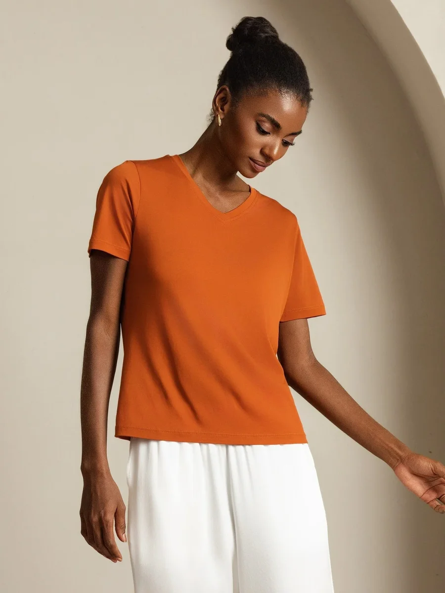 Camiseta de Mujer de Seta Pura con Escote en V y Mangas Cortas Resistente a Enganches - Imagen 4
