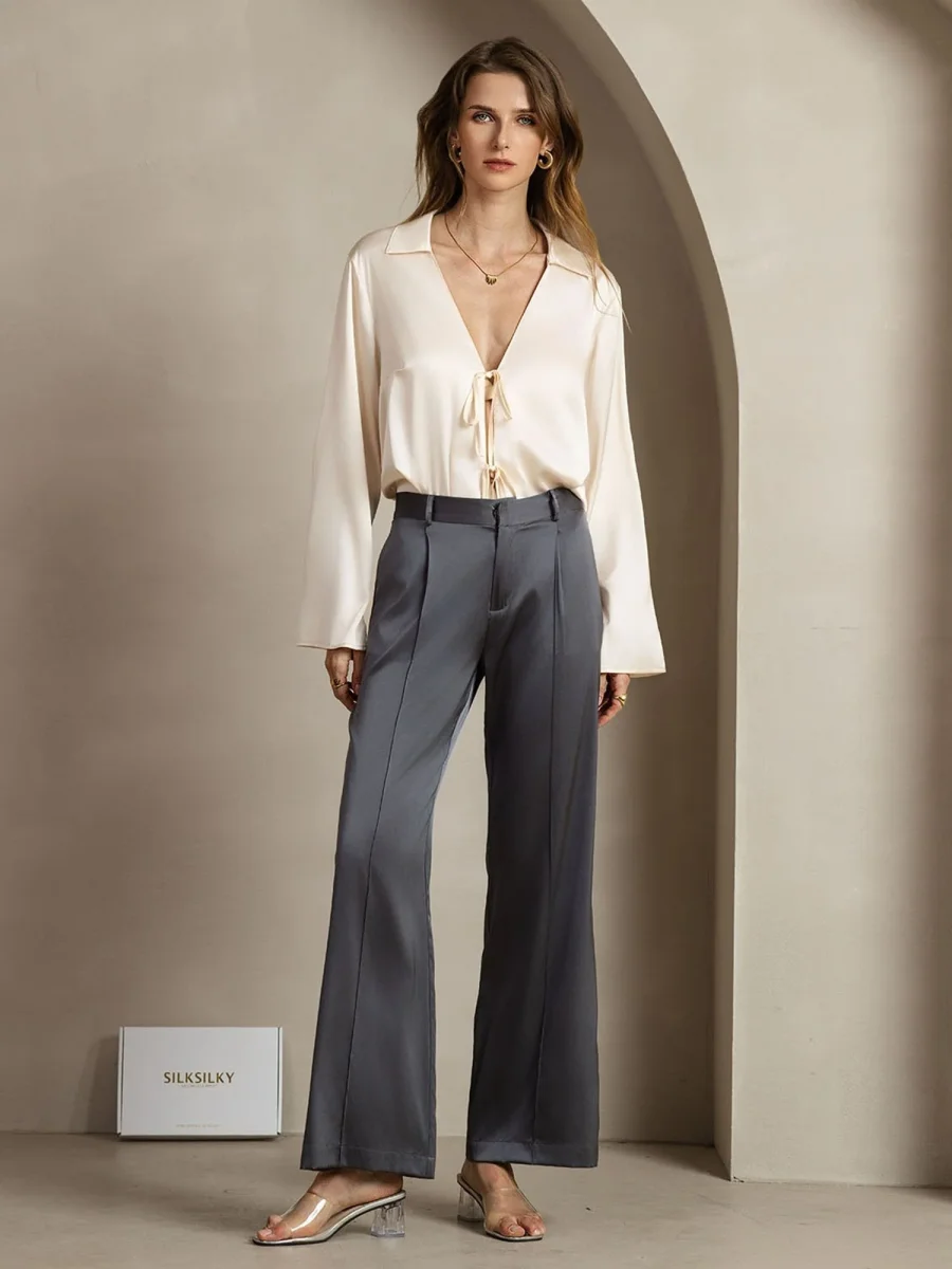 19Momme Seda Pantalones De Mujer Rectos Con Diseño De Bolsillos Laterales - Imagen 4