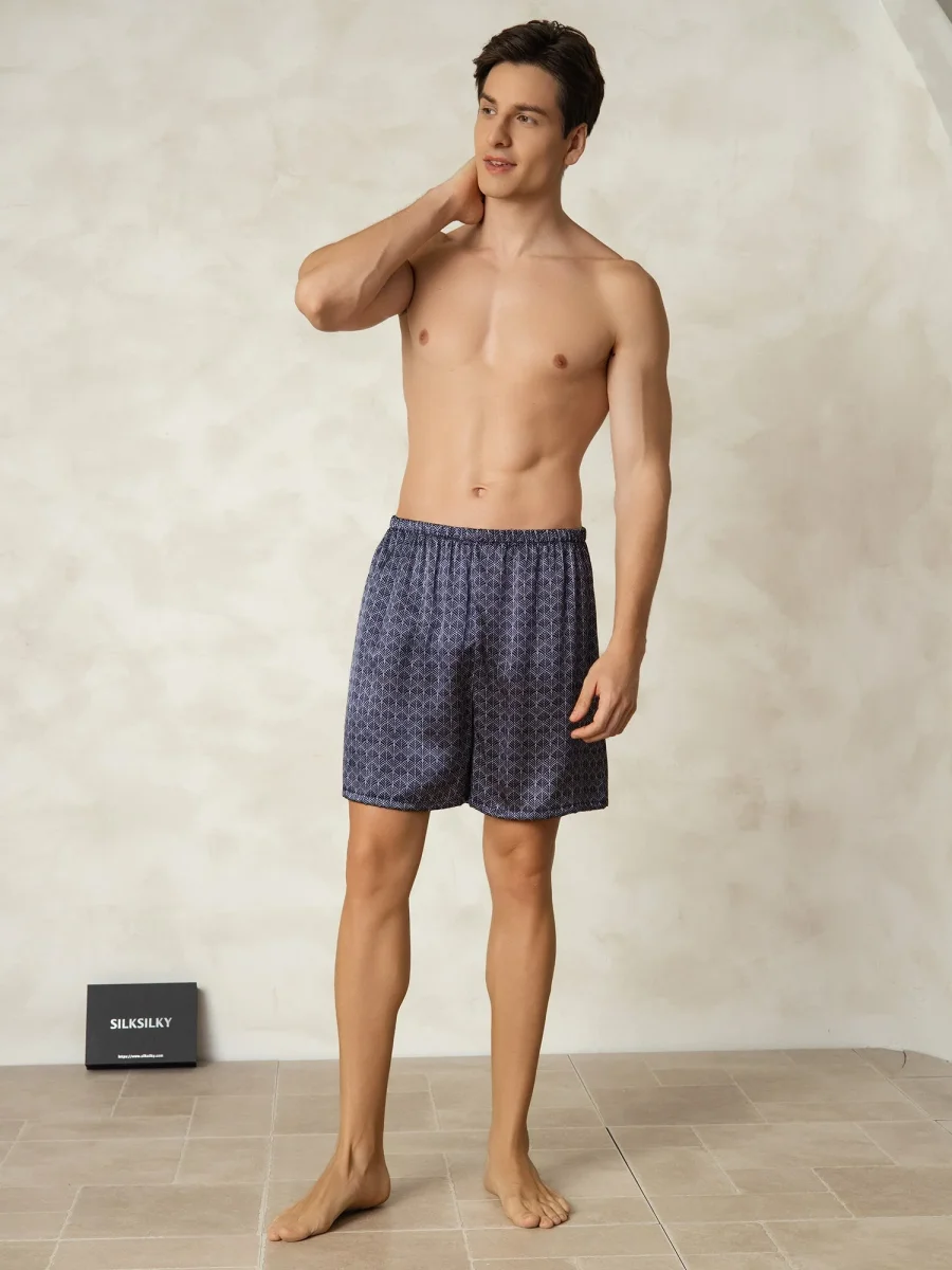 Pantalones Cortos De Dormir Para Hombre Pure Silk Ginkgo Azul Marino Estampado Cintura Elástica - Imagen 7