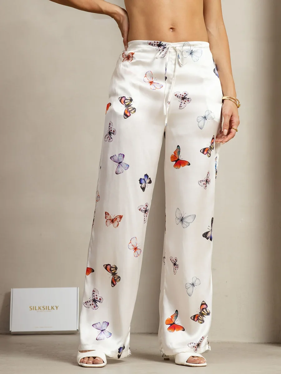 Pantalones De Mujer De Pierna Ancha De Seda 19Momme Blancos Con Estampado De Mariposas Y Bolsillos Laterales - Imagen 4