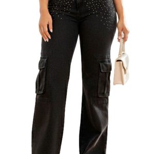 Pantalón vaquero cargo negro con brillo frontal y bolsillos laterales