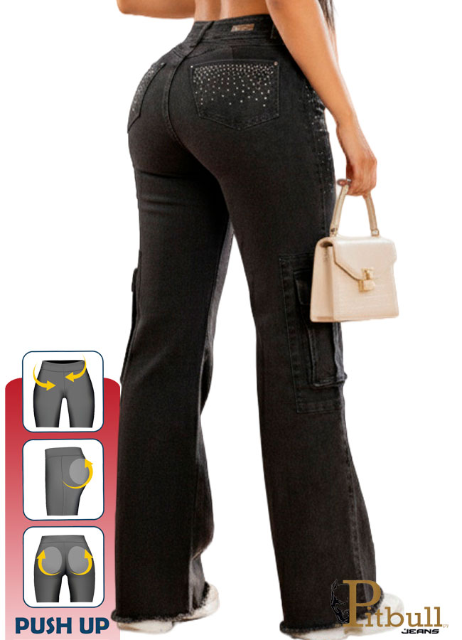 Pantalón vaquero cargo negro con brillo frontal y bolsillos laterales - Imagen 3