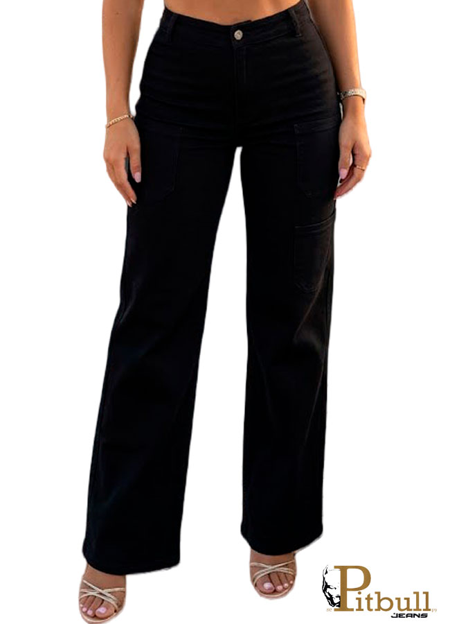Jean Cargo Push Up Negro Wide Leg Pitbull