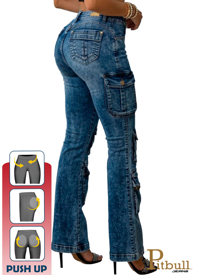 Jeans Cargo Push Up Azul Vintage - Imagen 3