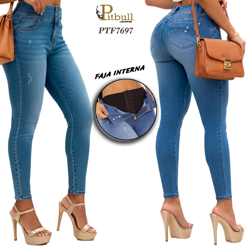 Jeans skinny azul con faja interna moldeadora - Imagen 4