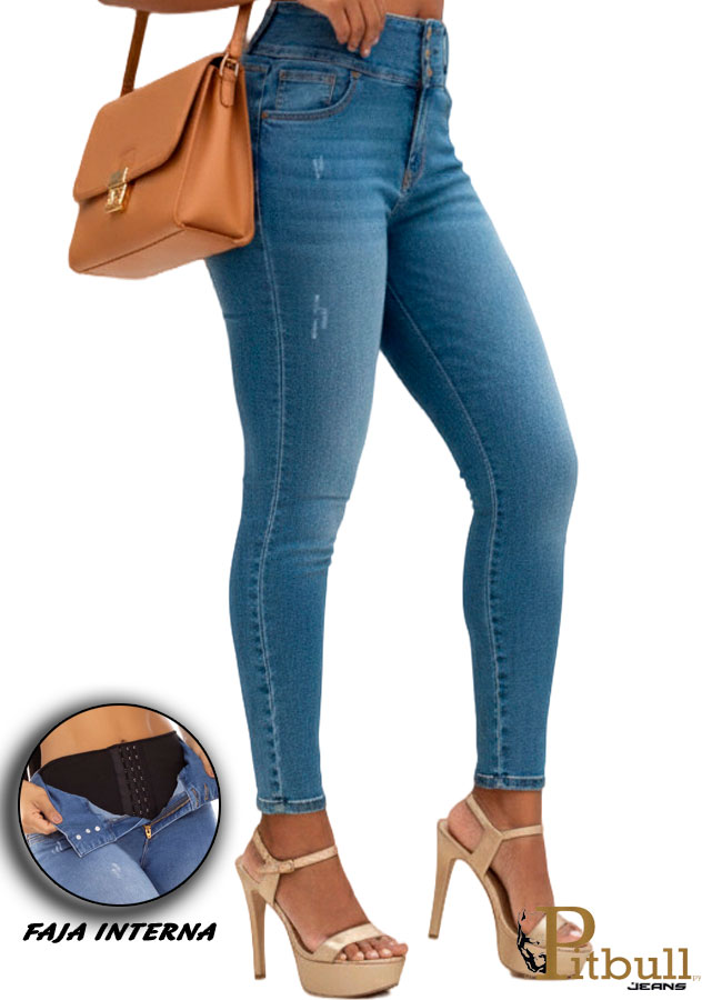 Jeans skinny azul con faja interna moldeadora - Imagen 2
