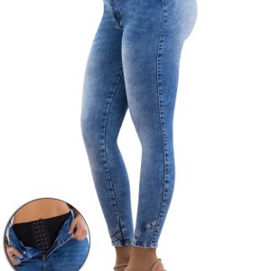 Jeans skinny azul con faja interna y triple botón moldeador