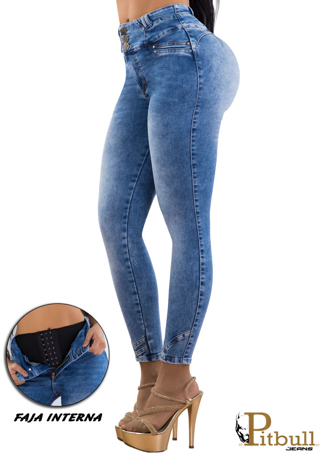 Jeans skinny azul con faja interna y triple botón moldeador - Imagen 2