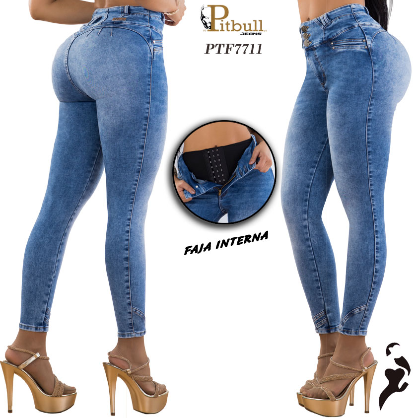 Jeans skinny azul con faja interna y triple botón moldeador - Imagen 4
